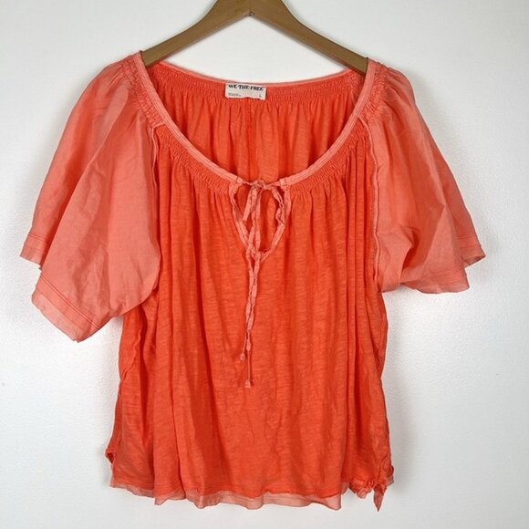 We the Free Ovesized Linen Cotton Top sz L Orange T shirt Tee Casual Cropped - Picture 1 of 9